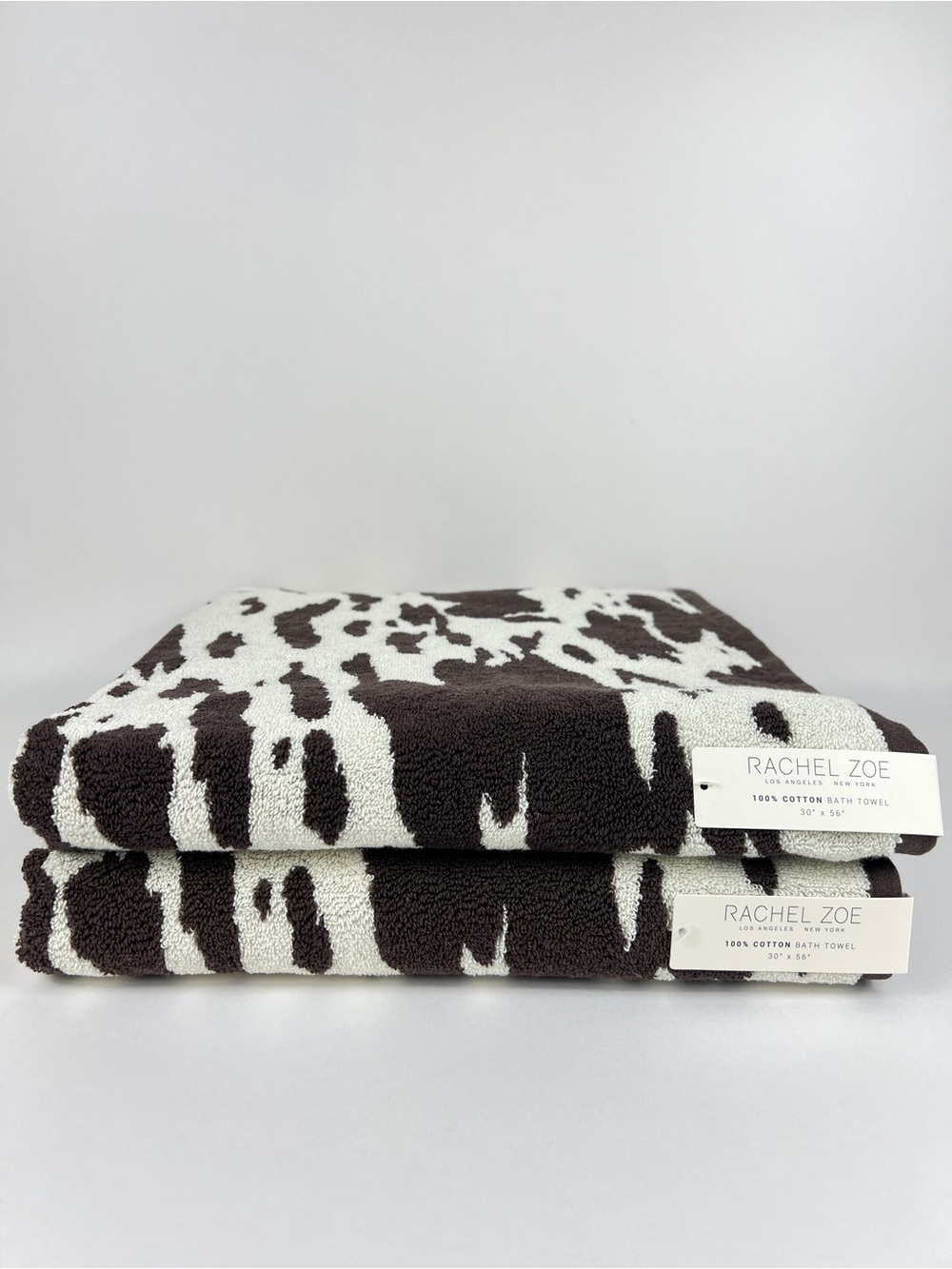 Rachel Zoe Bath Towels Cow Print Brown and Cream Soft 100% Cotton Set of 2 NEW